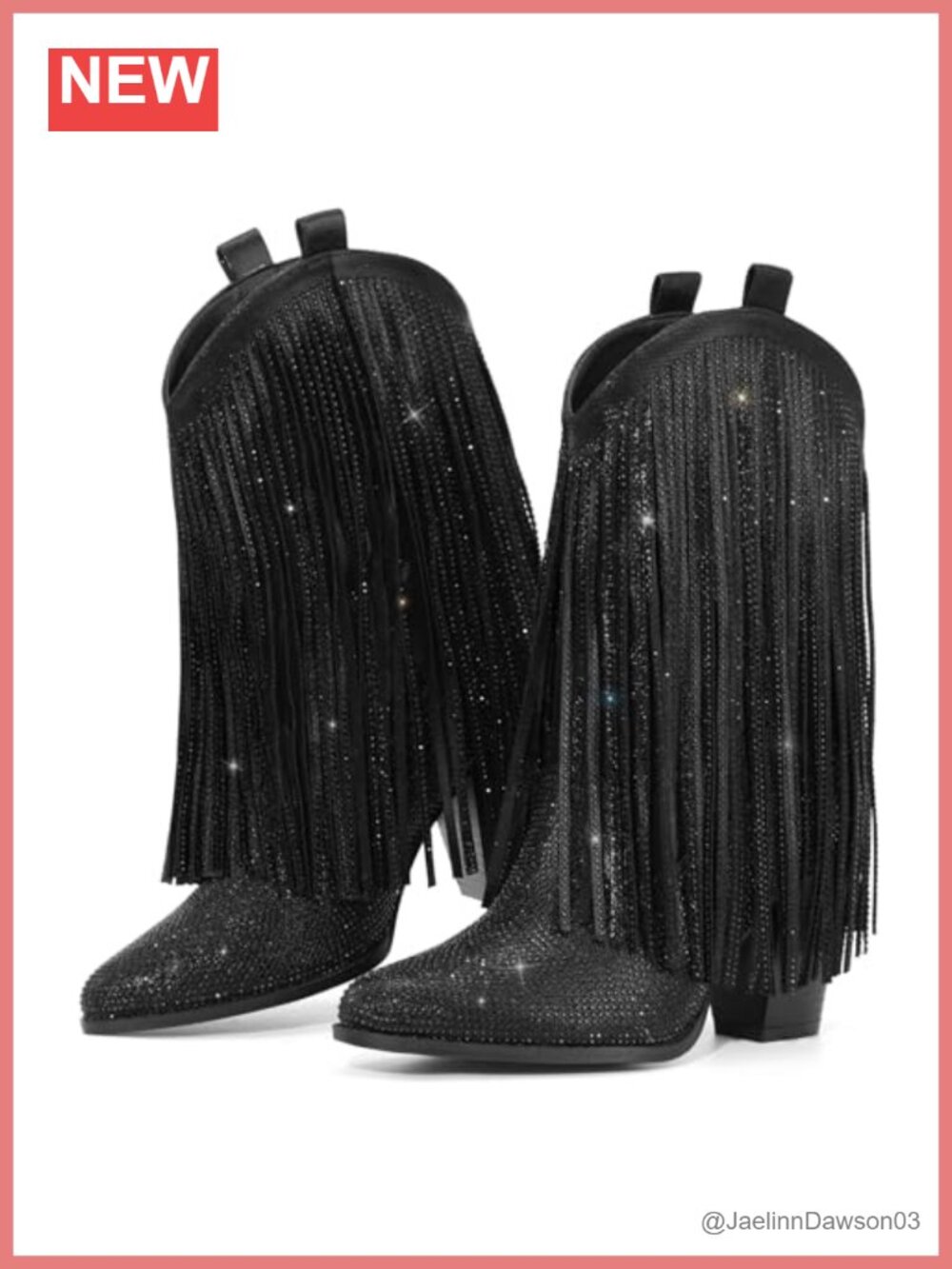Sparkly Rhinestone Cowgirl Boots Women's Pointed Toe Fringe Western Mid-Calf